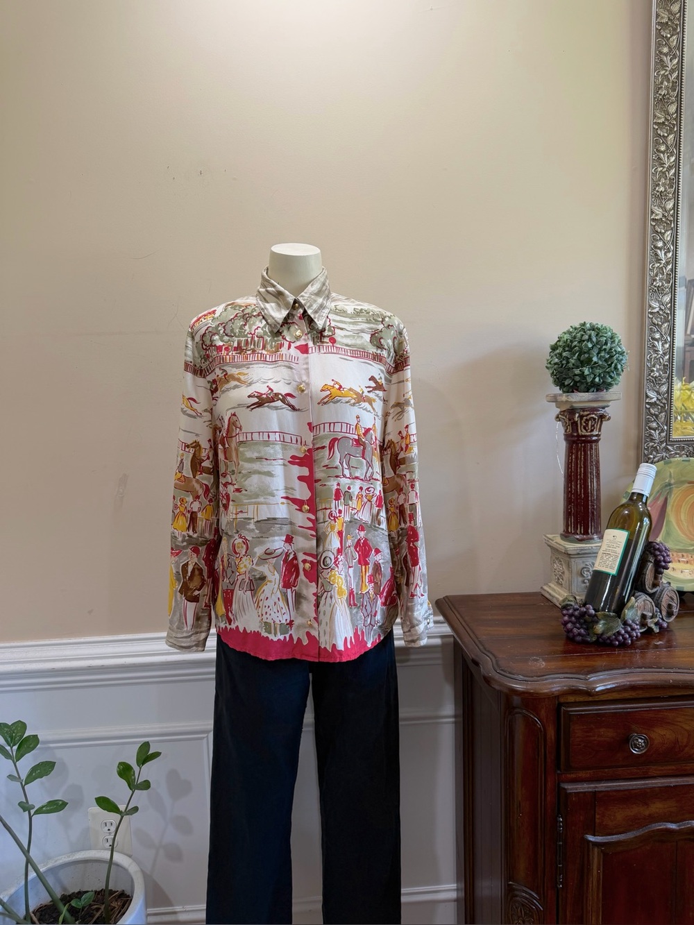 Vintage Blumarine Printed Button-Down Shirt in Ivory with Equestrian Print